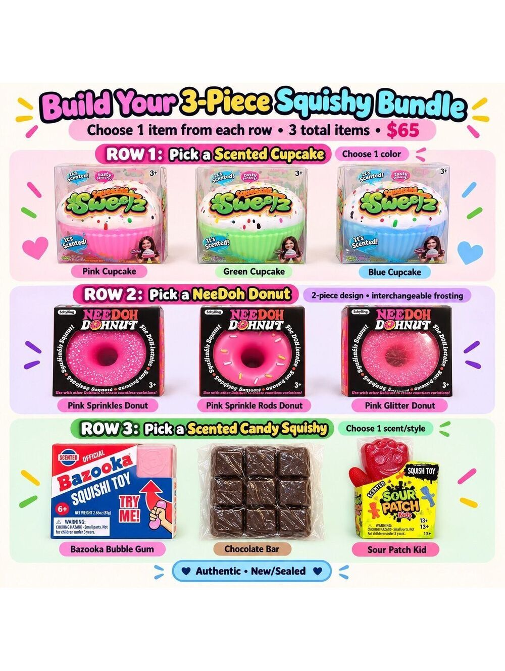 Pick 3 Squishy Bundle – Cupcake + NeeDoh Donut + Candy Squishy – $65